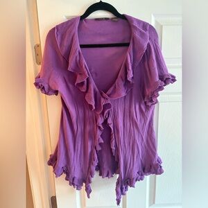 Heather B 100% cotton purple short sleeve blouse ruffle tie front v neck size XL